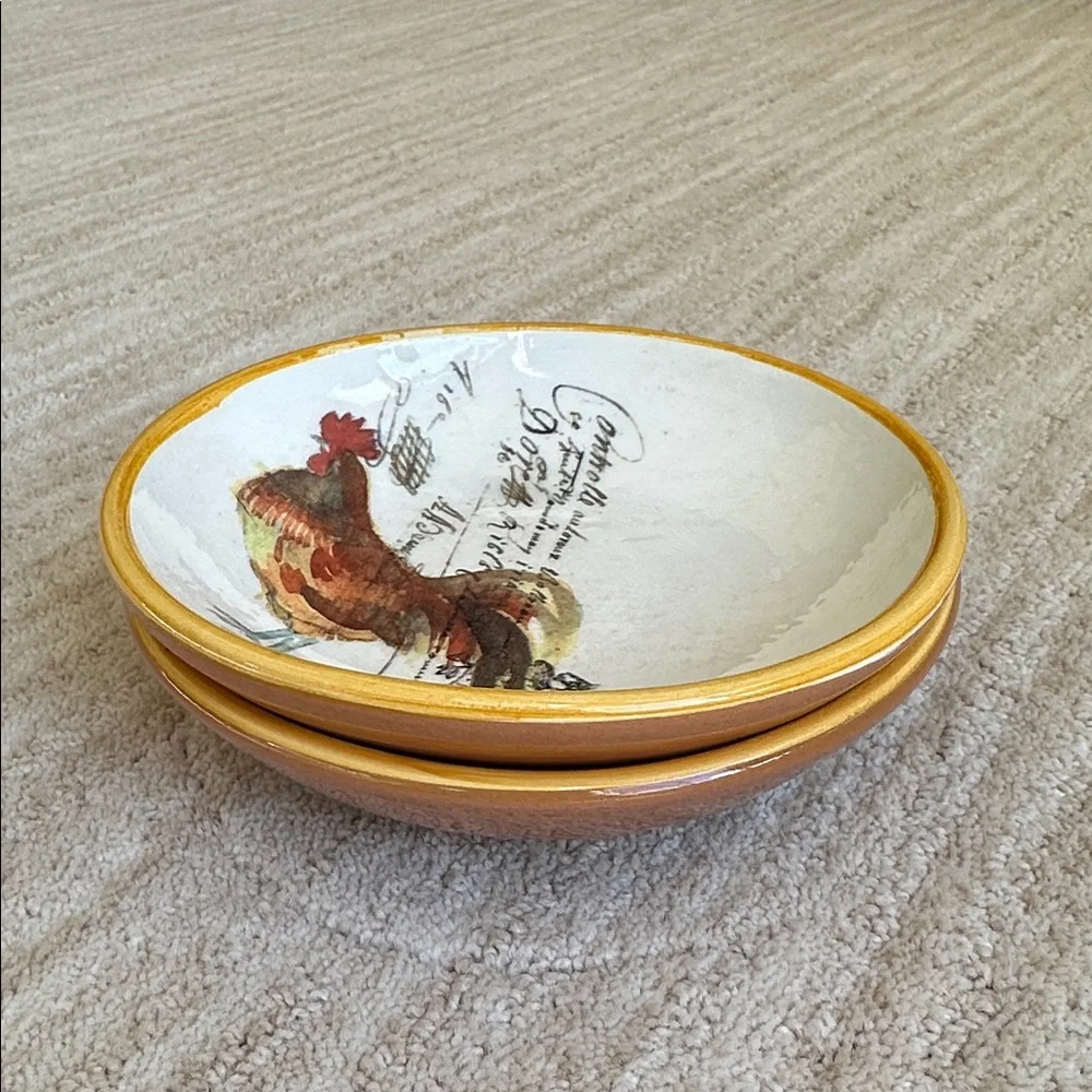 Set of 2 Williams Sonoma Rooster Script Individual Dipping Bowls Italy Farmhouse